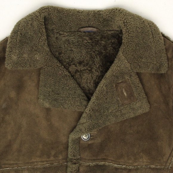 Structure Mens Shearling Coat L Earthy Moss Green Sheepskin Ranch Style Wool - Picture 3 of 8